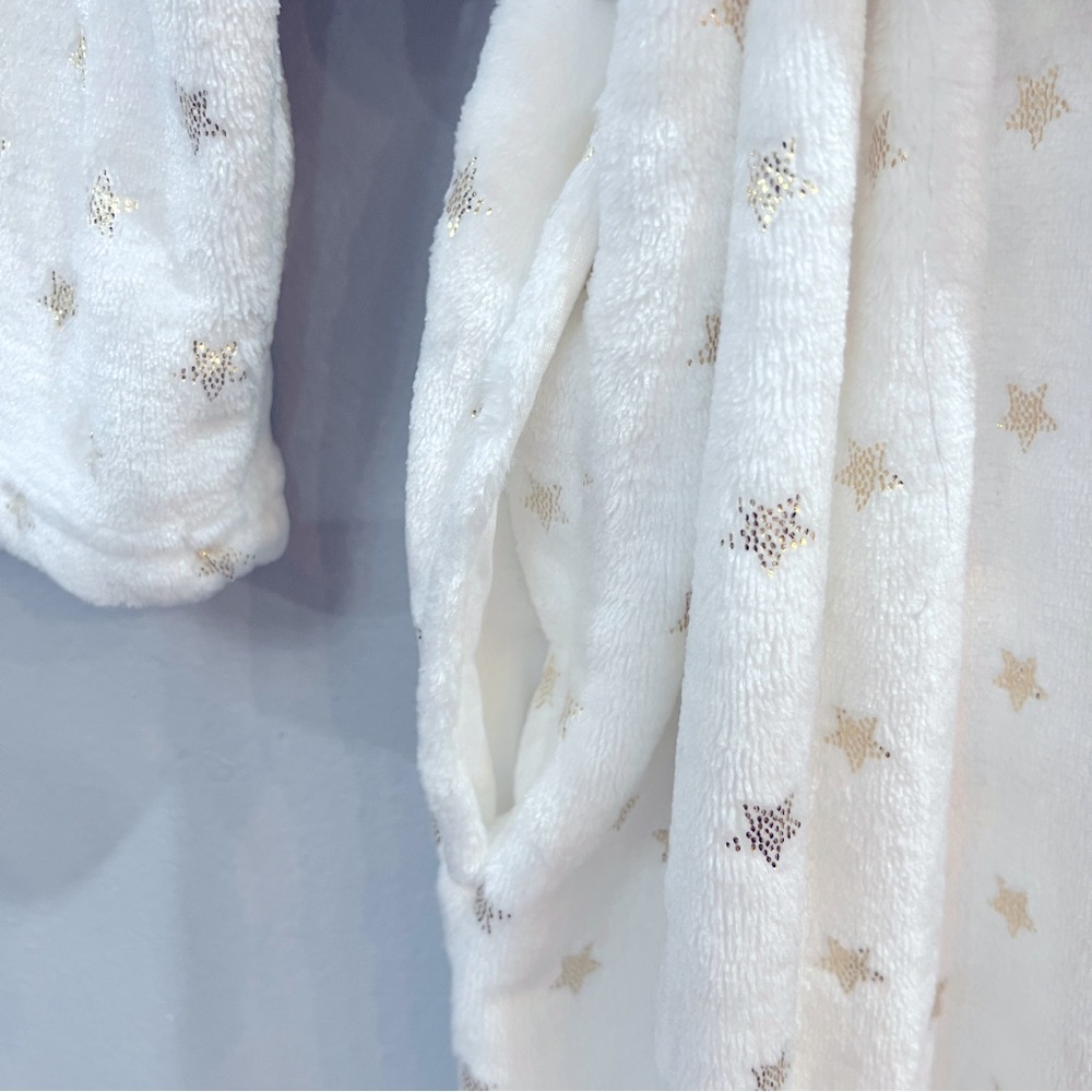 Plush Very White With Tiny Gold Stars Self-Tie Full Length Robe Two Side Pockets - Picture 5 of 7